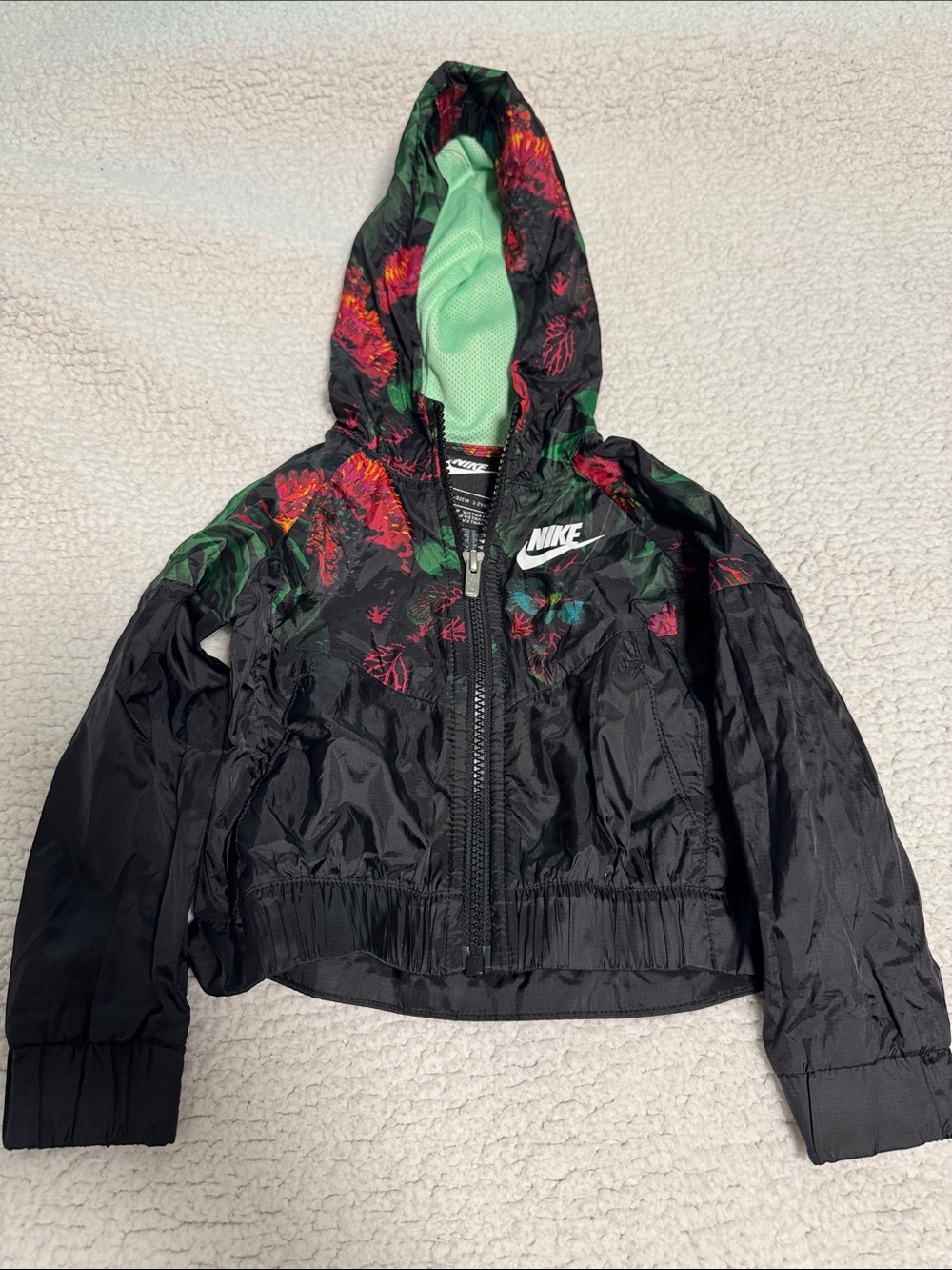 Nike Black Floral Hooded Crop Windbreaker with Mint Lining